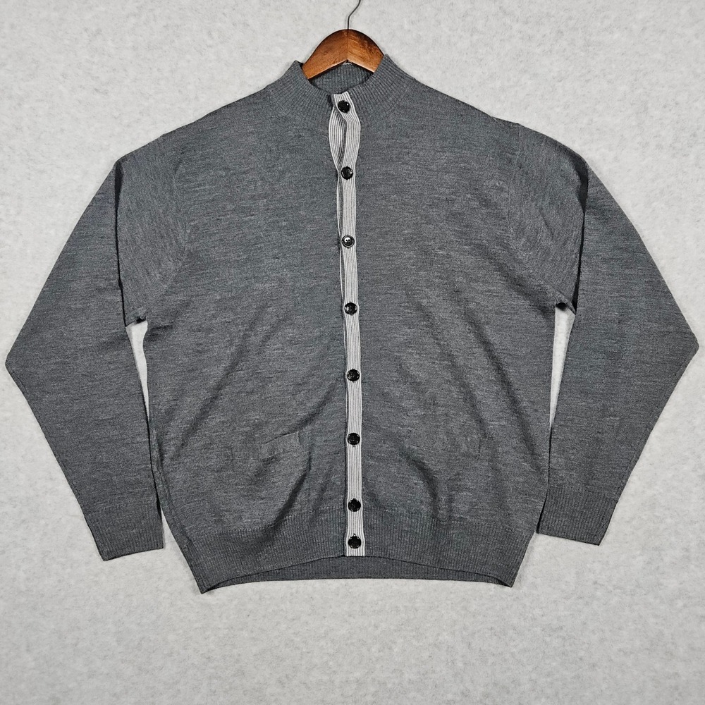 Peter Millar (Men's Large) Grey Cardigan Sweater Extrafine Merino Wool Mock Neck